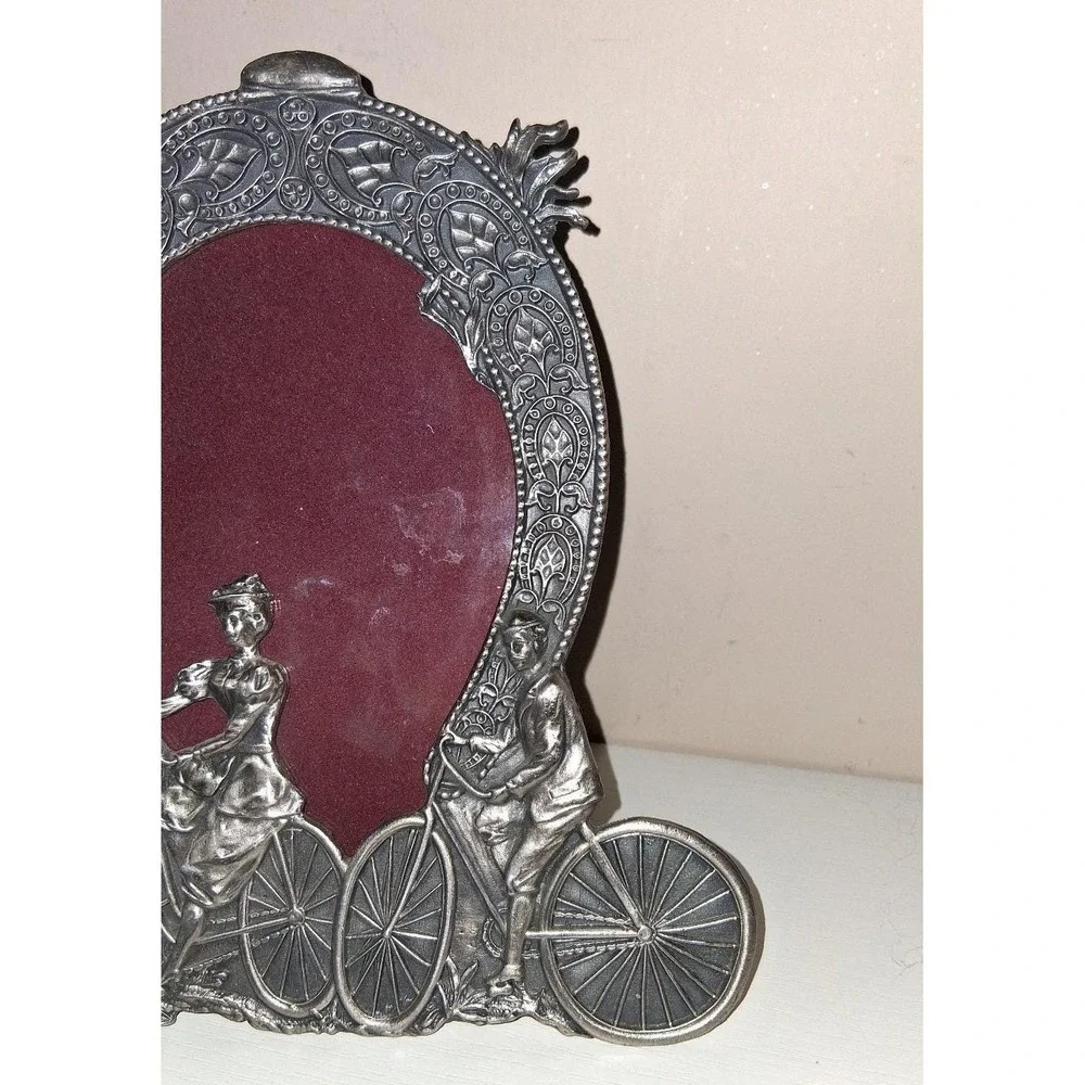 Vintage Pewter Tone Bicycle Picture Frame Victorian Couple Photo Frame Ornate